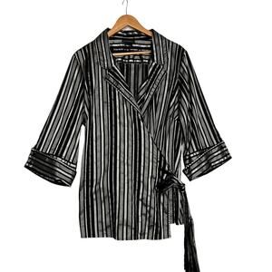 Lane Bryant Striped Wrap Top Sz 22 24 V Neck Metallic Black Silver Collard